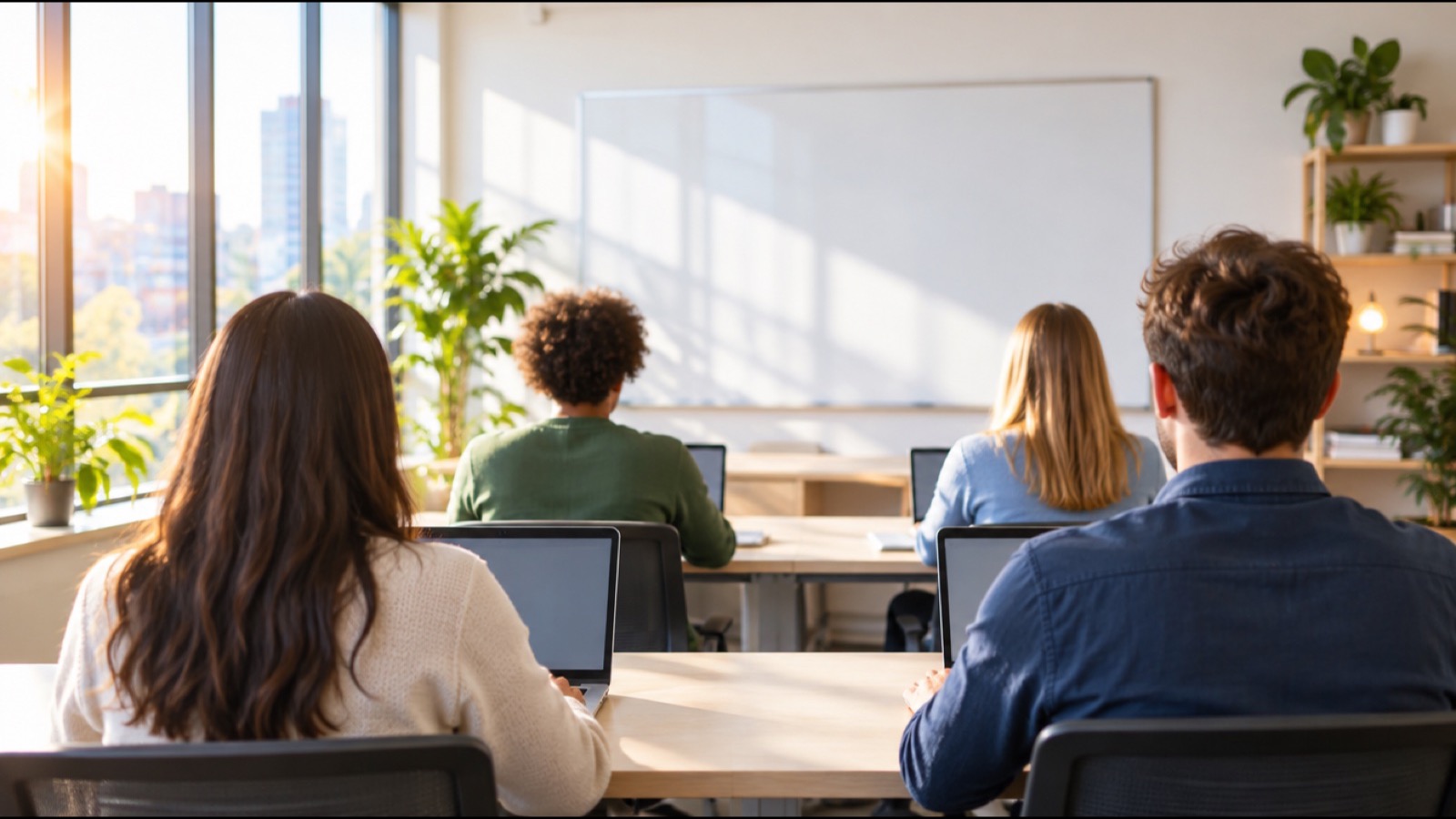 明るい研修室で受講者が学ぶ様子